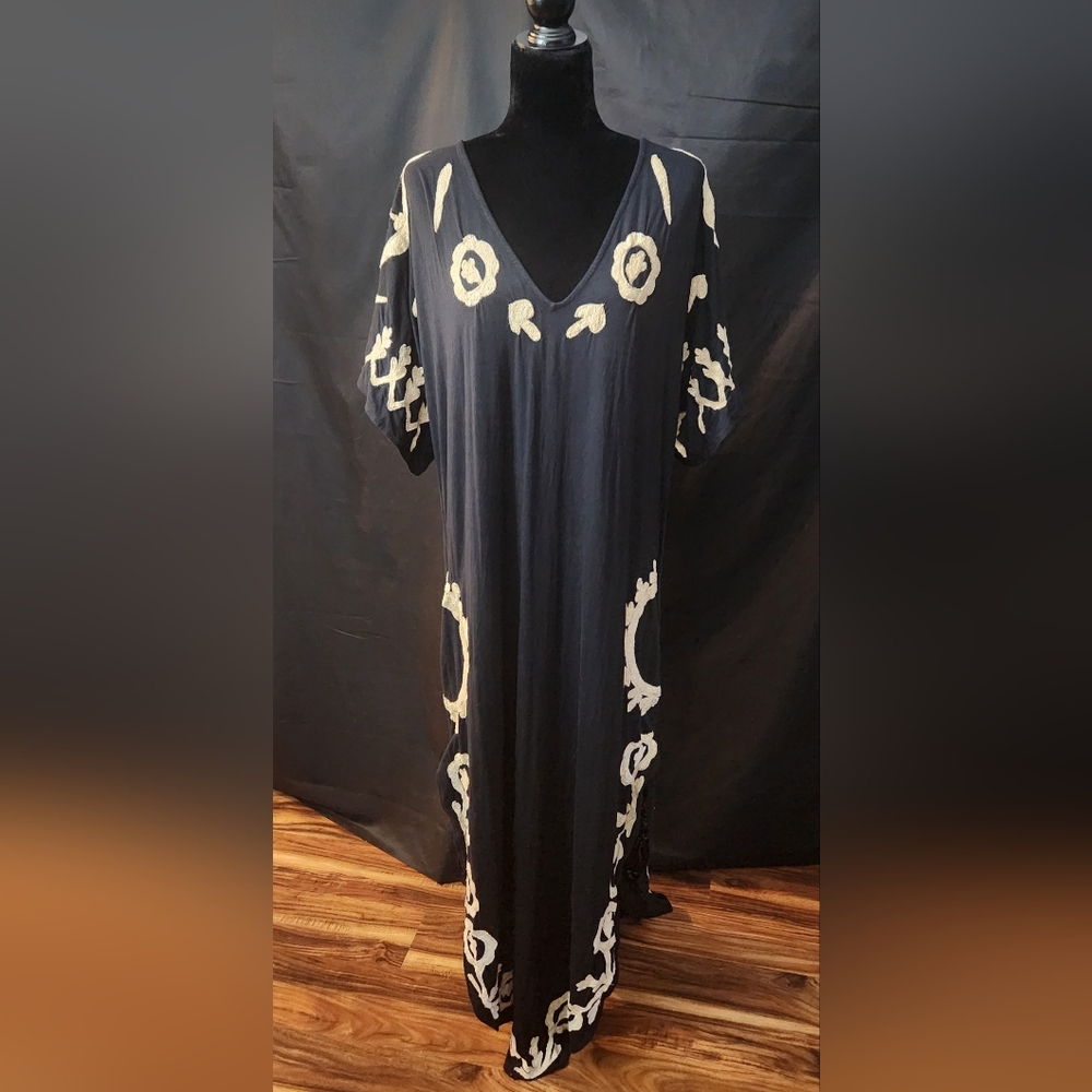 RARE Free People Black Maxi Dress with Cream Floral Embroidery - Picture 3 of 14